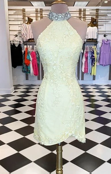 women's neon dressesYellow High Neck Sexy Lace Homecoming Dresses,Short Prom Dresses,Dance Dress        S3163